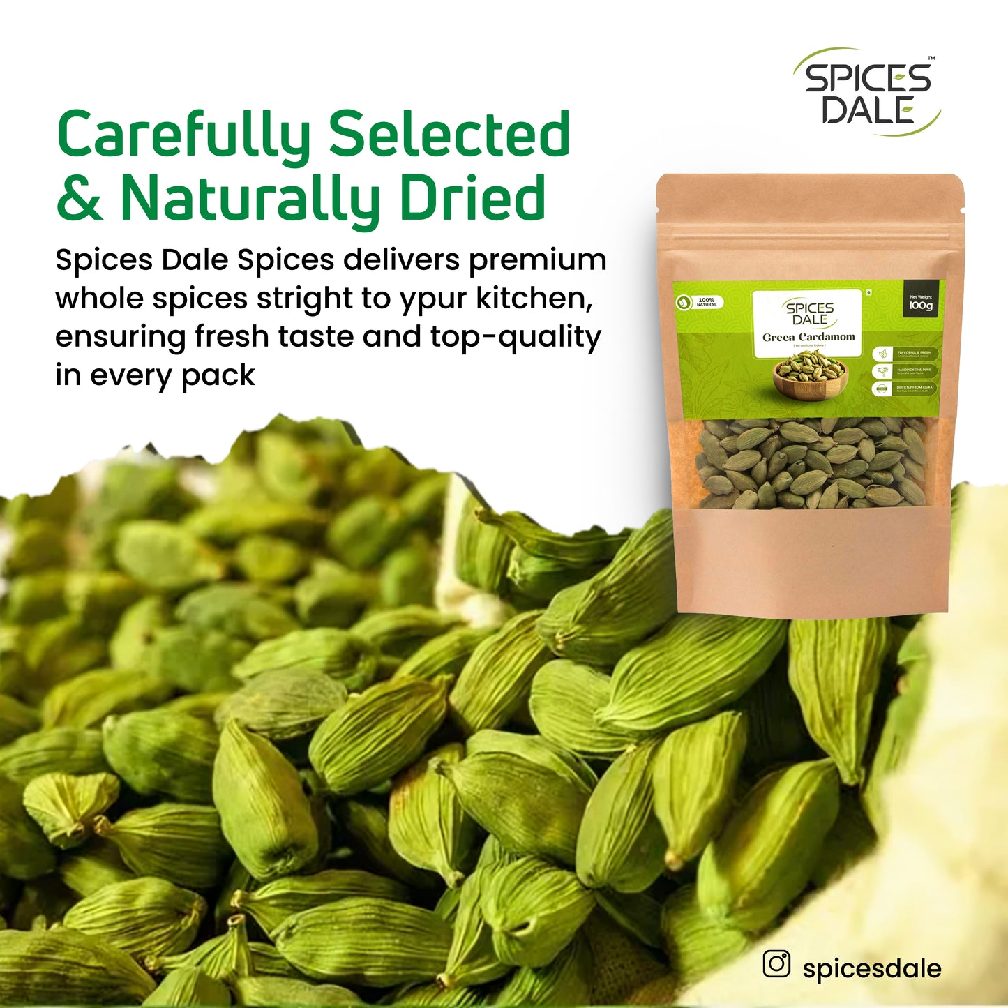 Spices Dale Cardamom 200g Premium 8mm+ Whole Green Cardamom | Get Free 50g Pepper and 50g Cloves