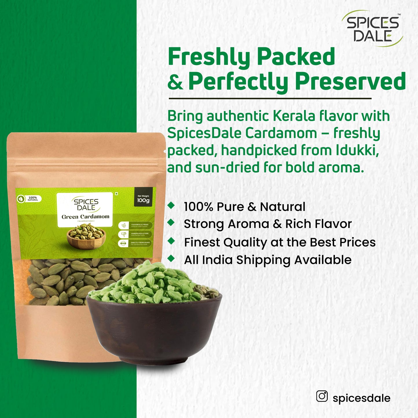 Spices Dale Cardamom 200g Premium 8mm+ Whole Green Cardamom | Get Free 50g Pepper and 50g Cloves