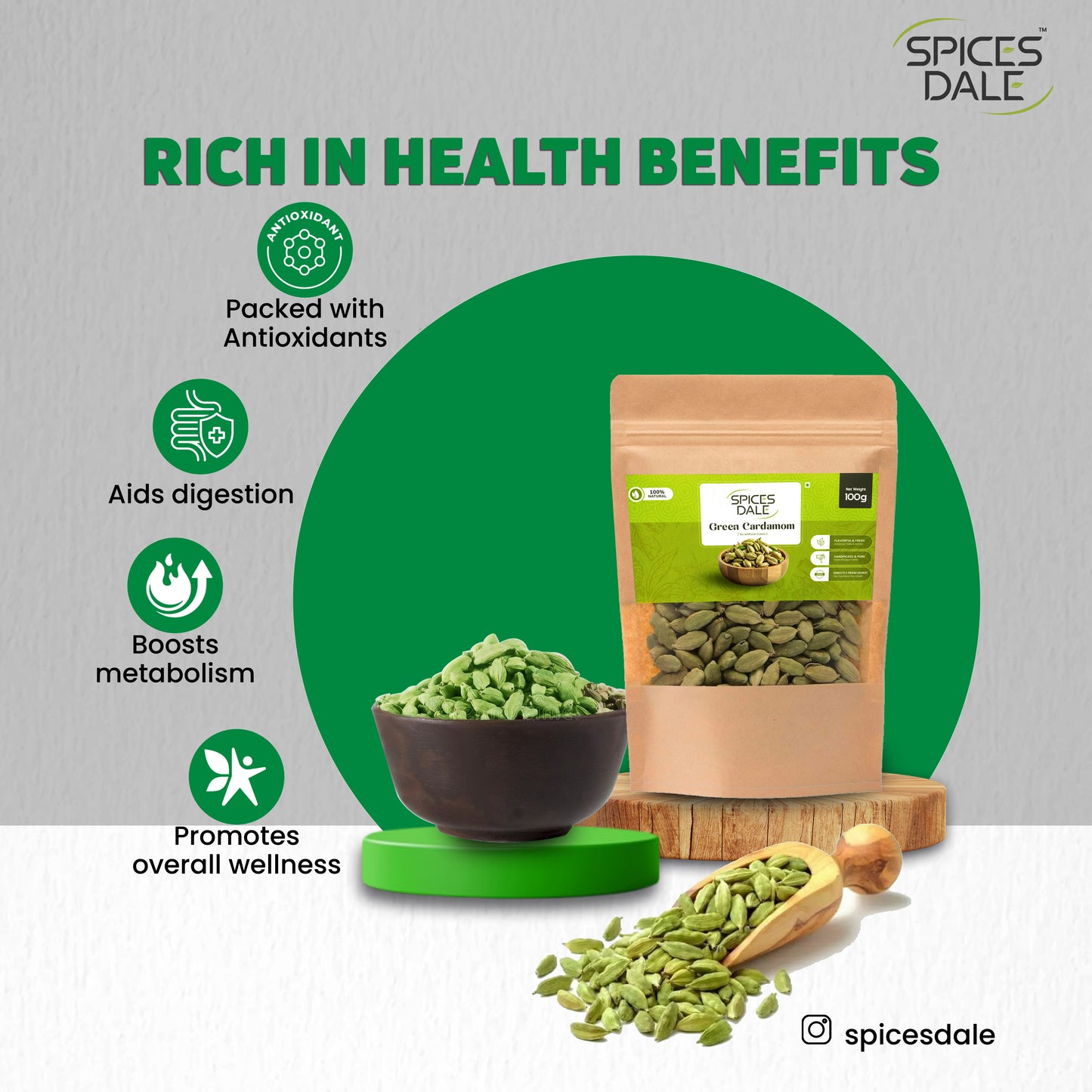 Spices Dale Cardamom 200g Premium 8mm+ Whole Green Cardamom | Get Free 50g Pepper and 50g Cloves